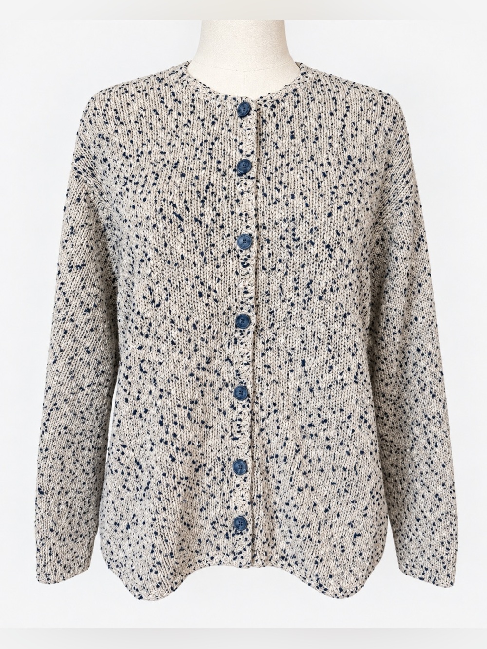 Talbots Vintage 90’s L Cream Navy Speckled Knit Cardigan Sweater Cottagecore
